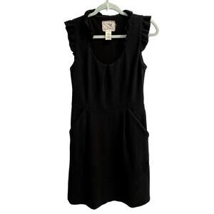 Tabitha Anthropologie Size 6 Black Mini Dress Ruffle Neckline Pockets
